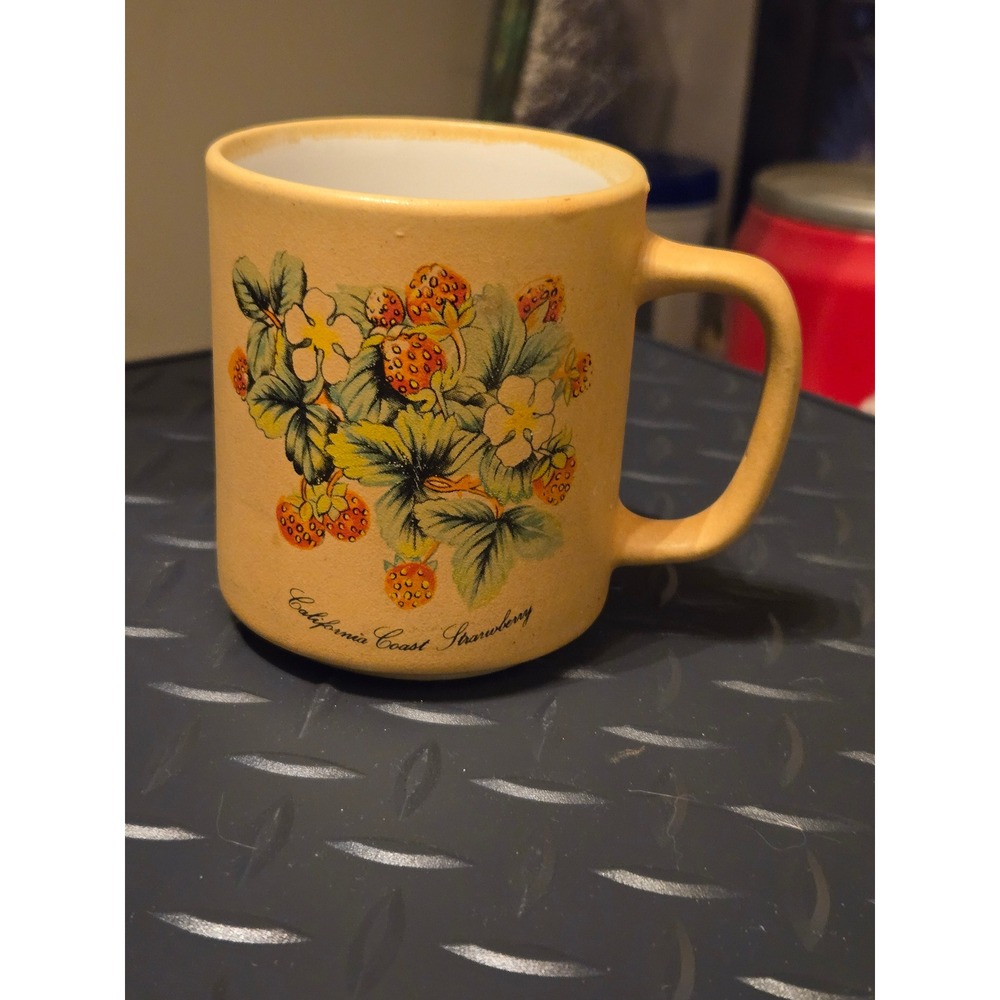 Vintage California Coast Strawberry Coffee Mug Yellow Ceramic Botanical Tea Cup